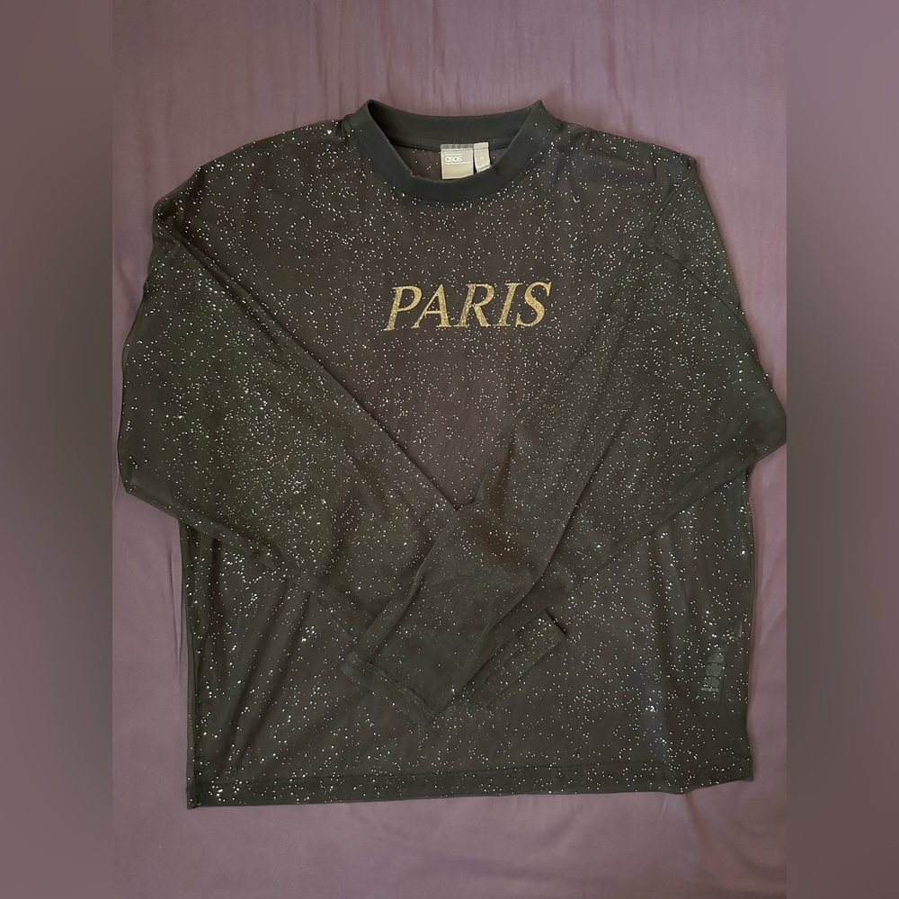 Men’s ASOS glitter sheer black “Paris” top